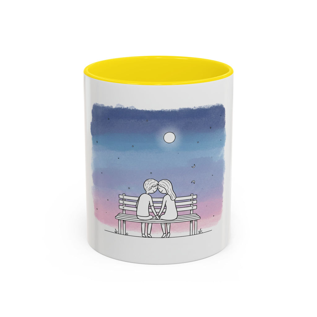 Couple on Bench Moonlight Watercolor Accent Coffee Mug | 11oz 15oz
