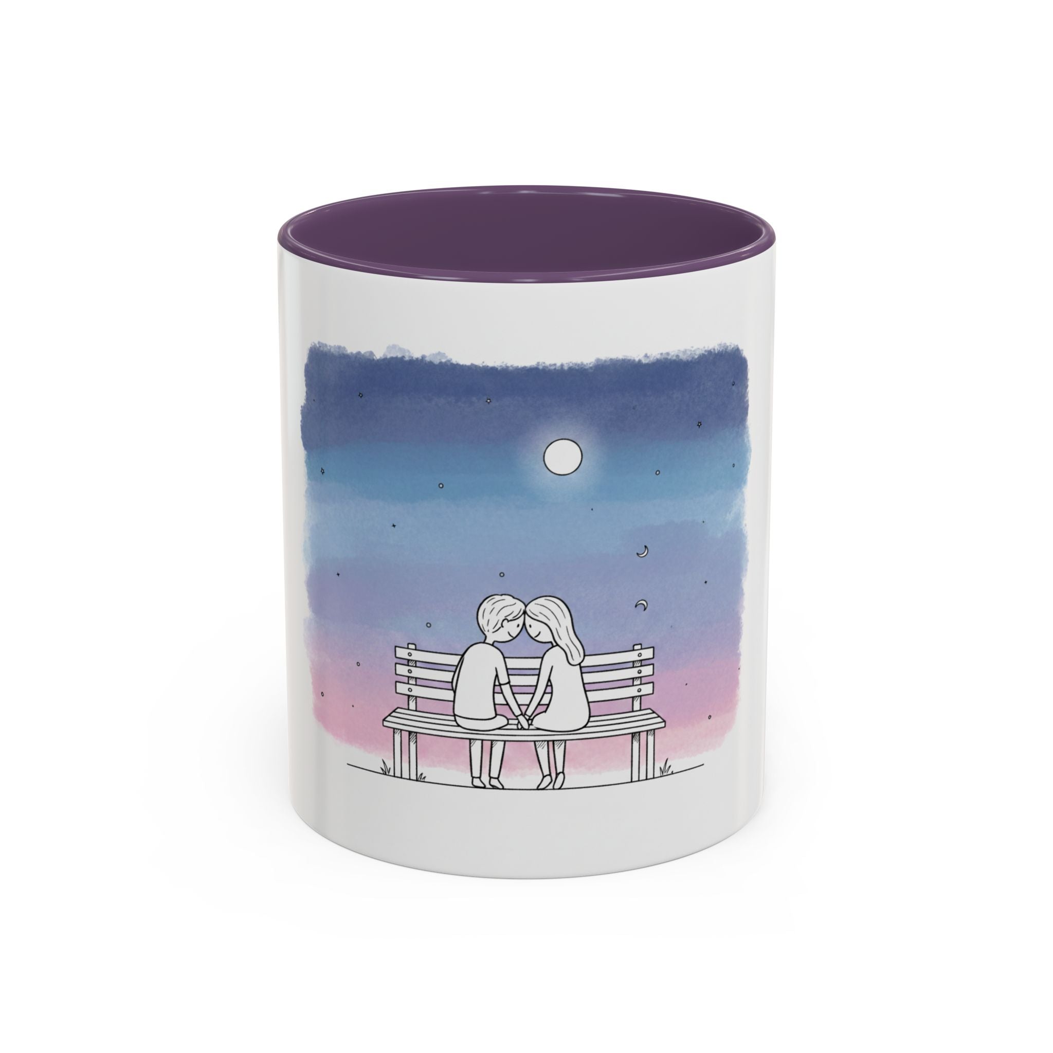 Couple on Bench Moonlight Watercolor Accent Coffee Mug | 11oz 15oz