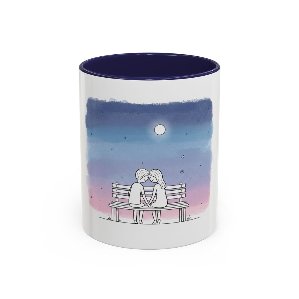 Couple on Bench Moonlight Watercolor Accent Coffee Mug | 11oz 15oz