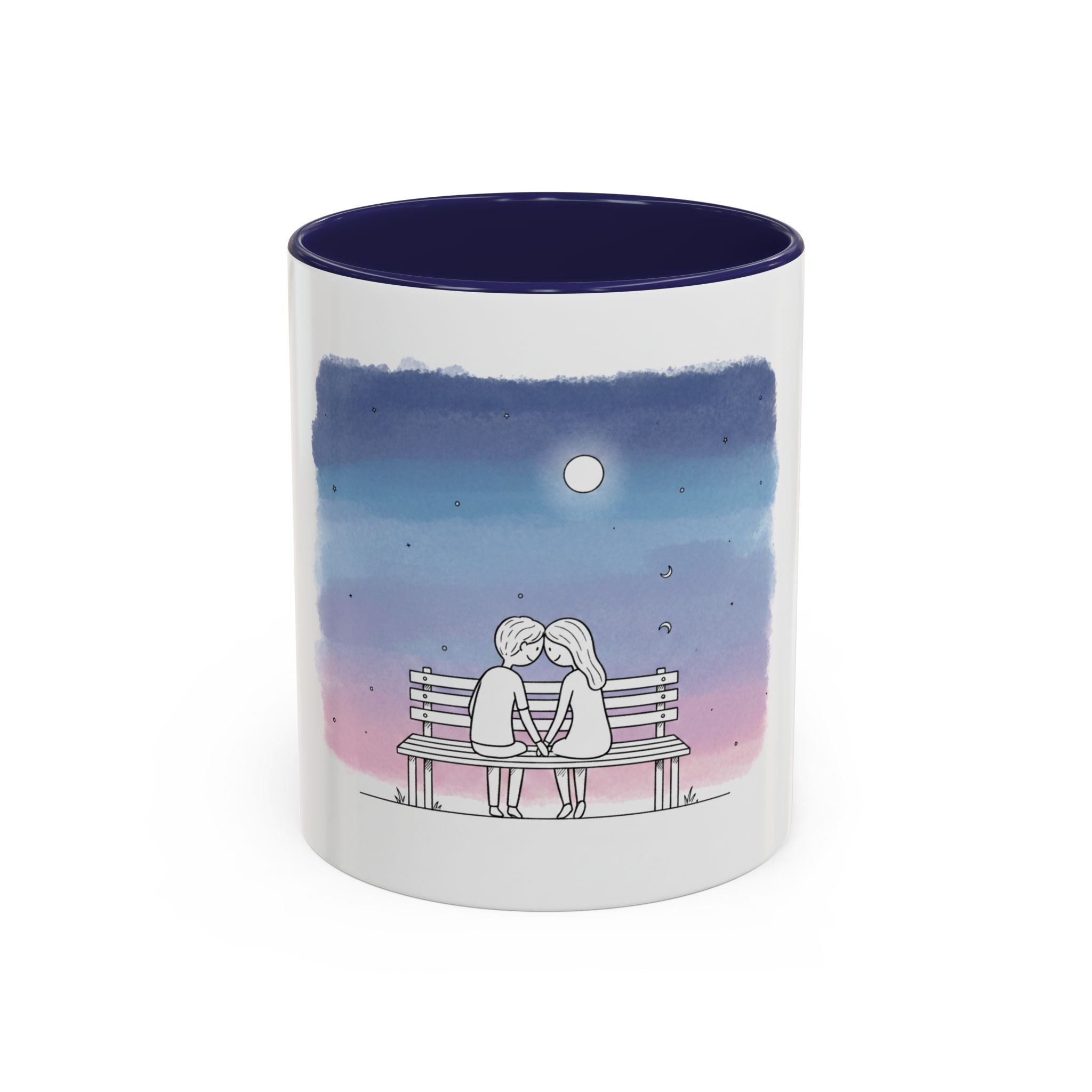 Couple on Bench Moonlight Watercolor Accent Coffee Mug | 11oz 15oz