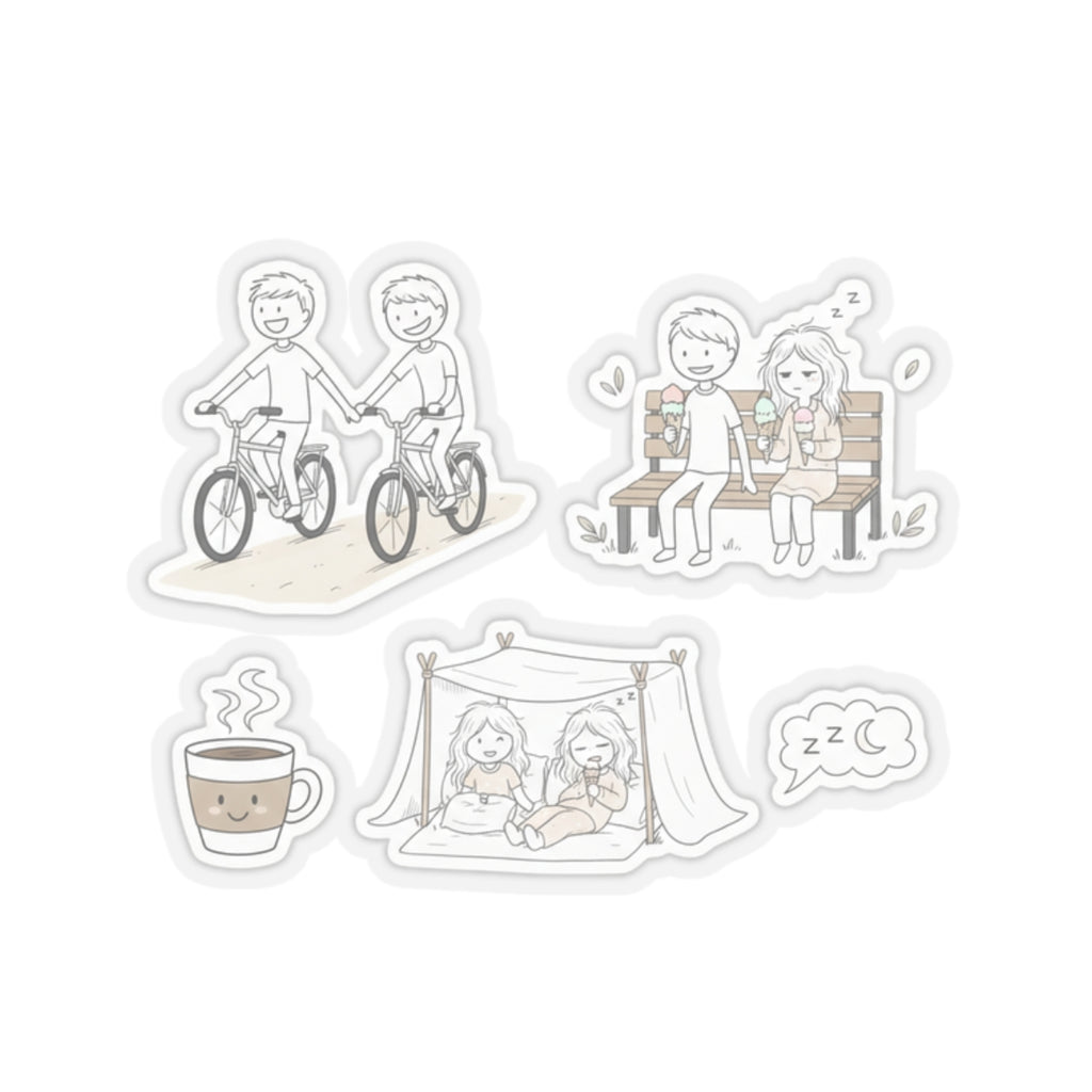 Cute Couple Scenes Kiss-Cut Stickers | Biking, Bench, Tent, Coffee