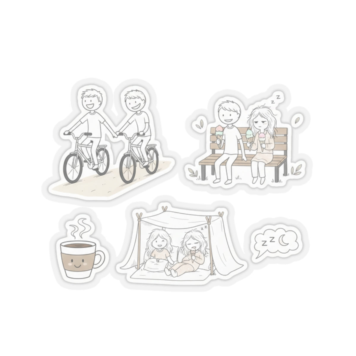 Cute Couple Scenes Kiss-Cut Stickers | Biking, Bench, Tent, Coffee