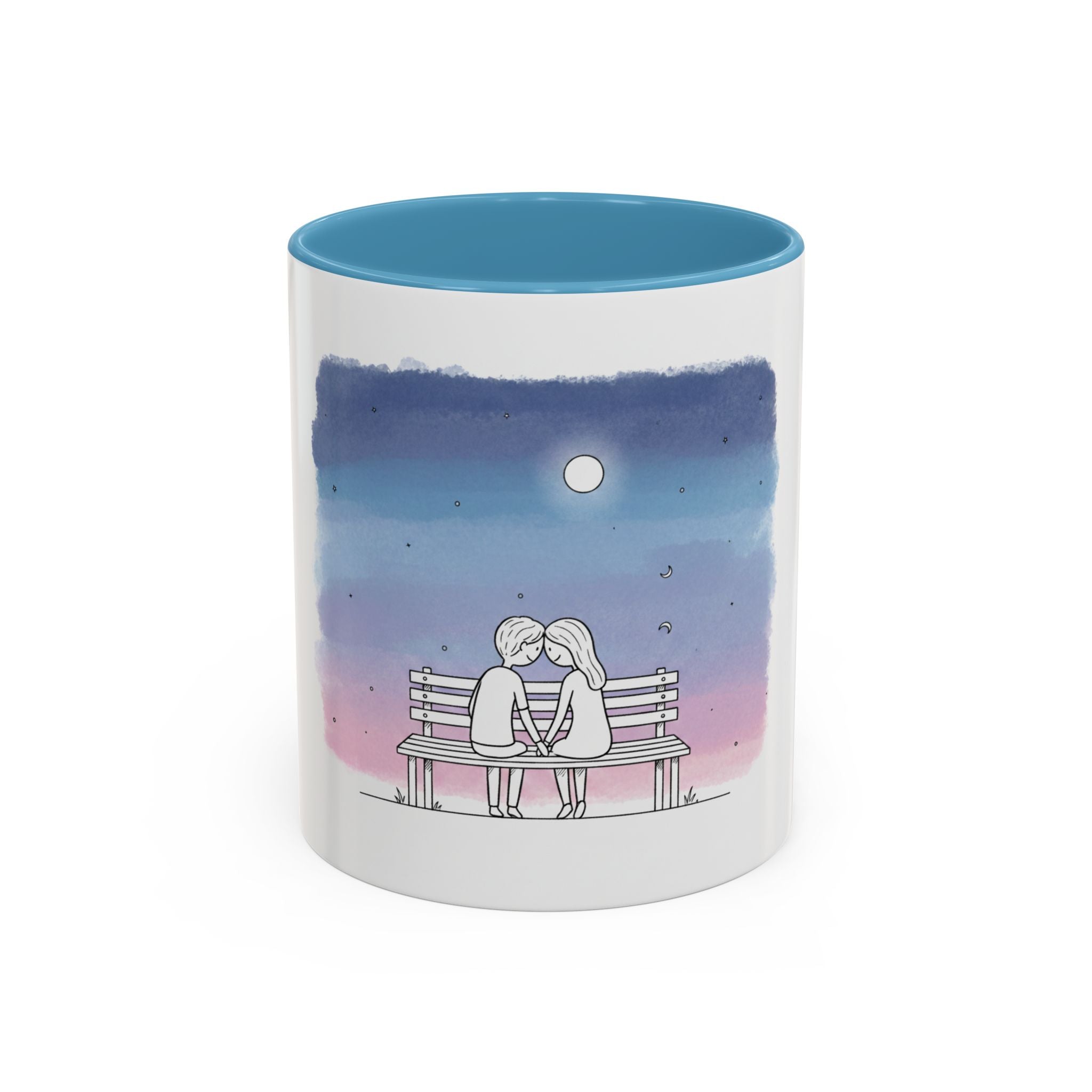 Couple on Bench Moonlight Watercolor Accent Coffee Mug | 11oz 15oz
