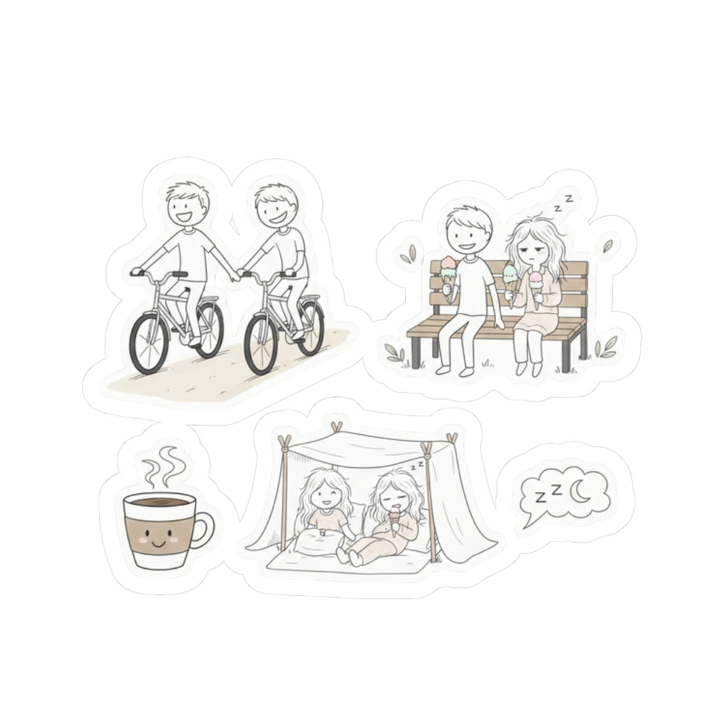 Cute Couple Scenes Kiss-Cut Stickers | Biking, Bench, Tent, Coffee