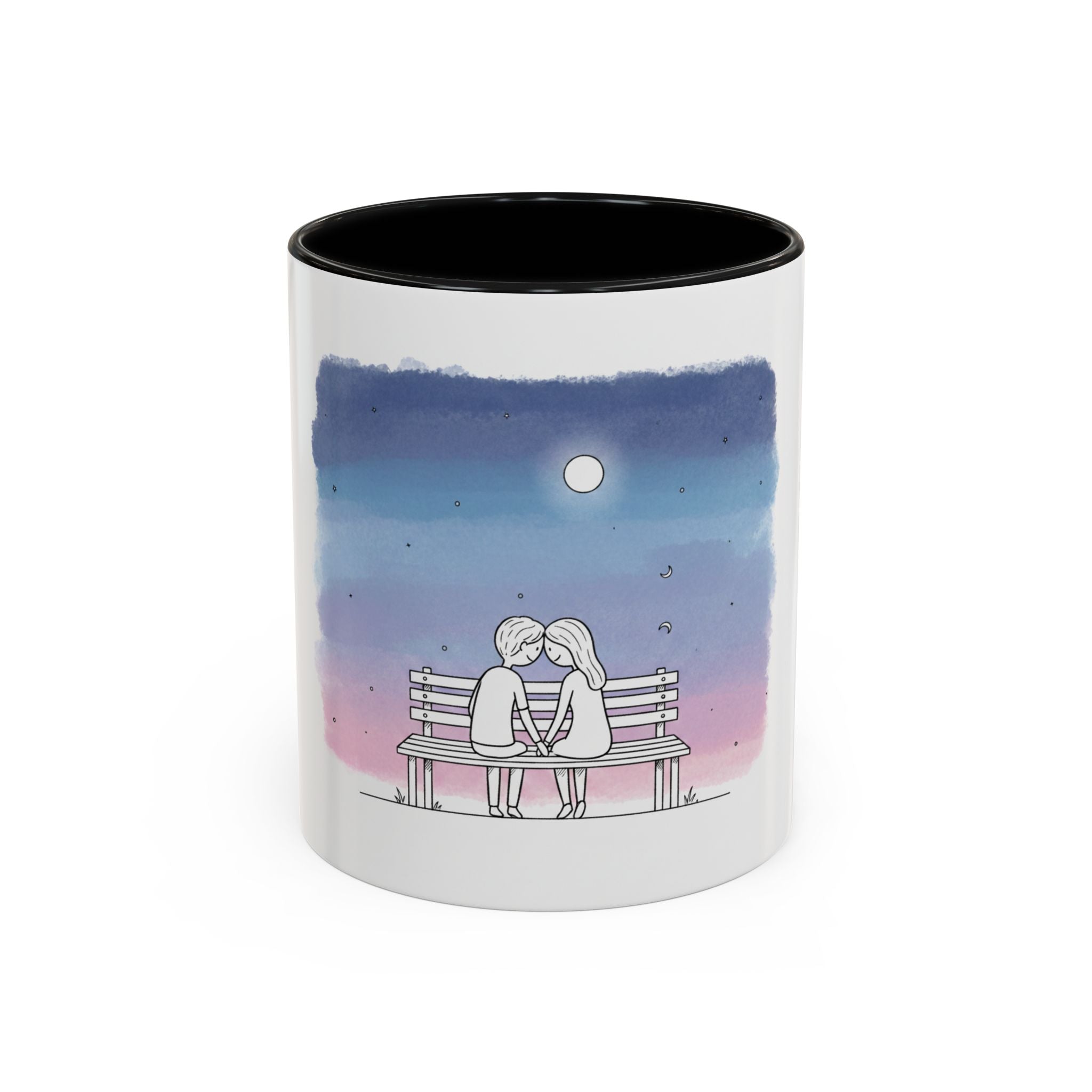 Couple on Bench Moonlight Watercolor Accent Coffee Mug | 11oz 15oz
